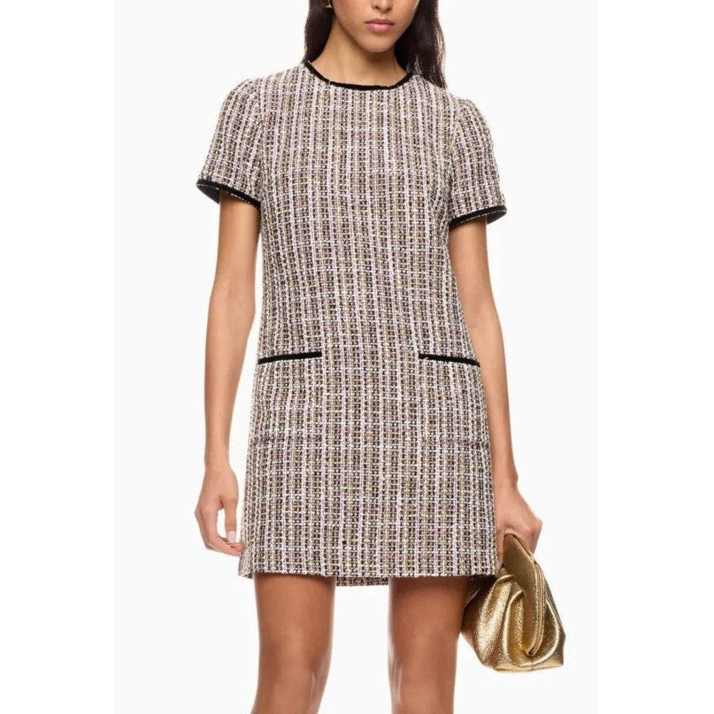 CeCe Women's Short Sleeve Tweed‎ Tinsel Mini Shift Dress w/ Patch Pockets - 4
